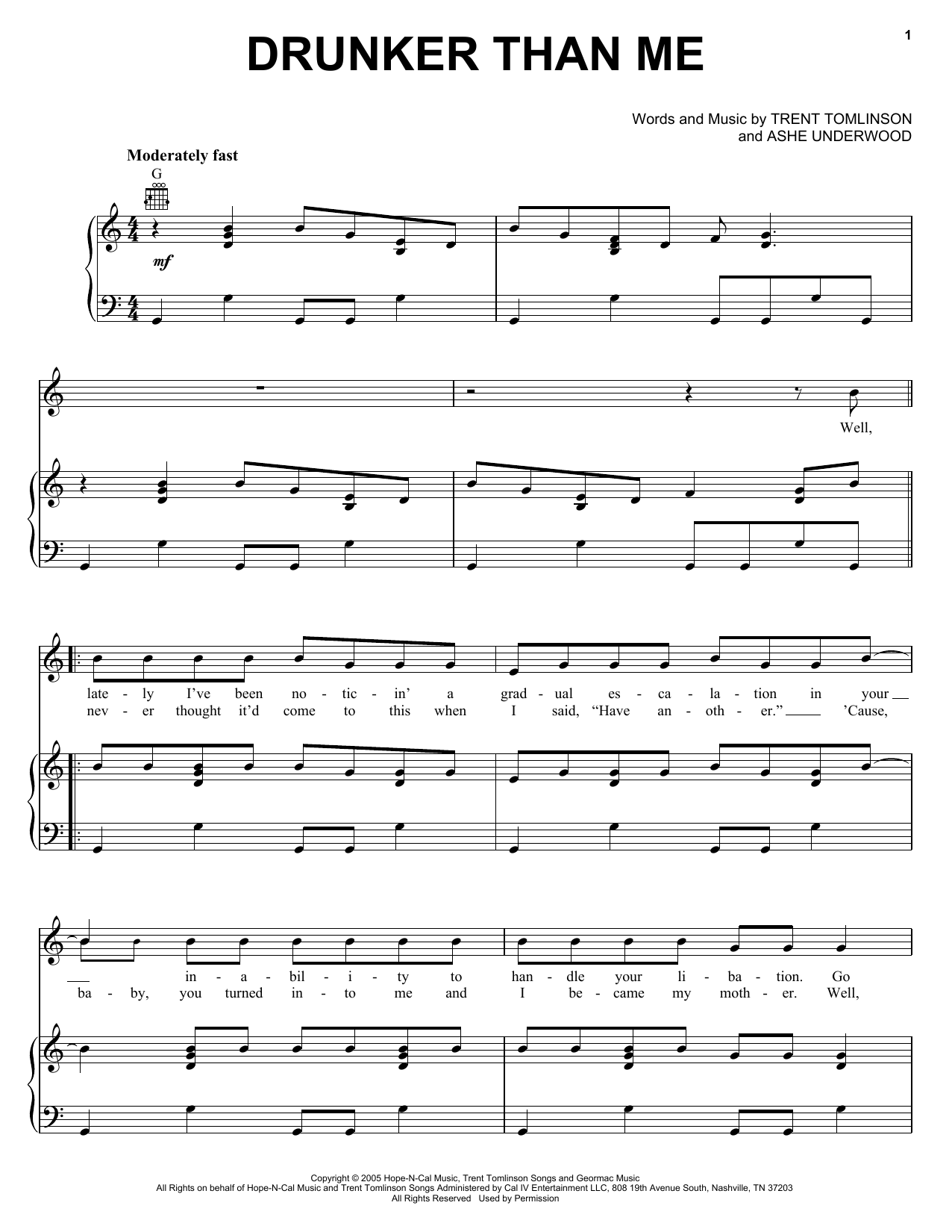 Trent Tomlinson Drunker Than Me sheet music notes and chords. Download Printable PDF.