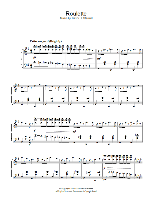 Learn to play Trevor H. Stanford Roulette sheet music for Piano Solo in minutes. Price: 6.9900$ Trevor H. Stanford Roulette sheet music notes and chords. Download Printable PDF.