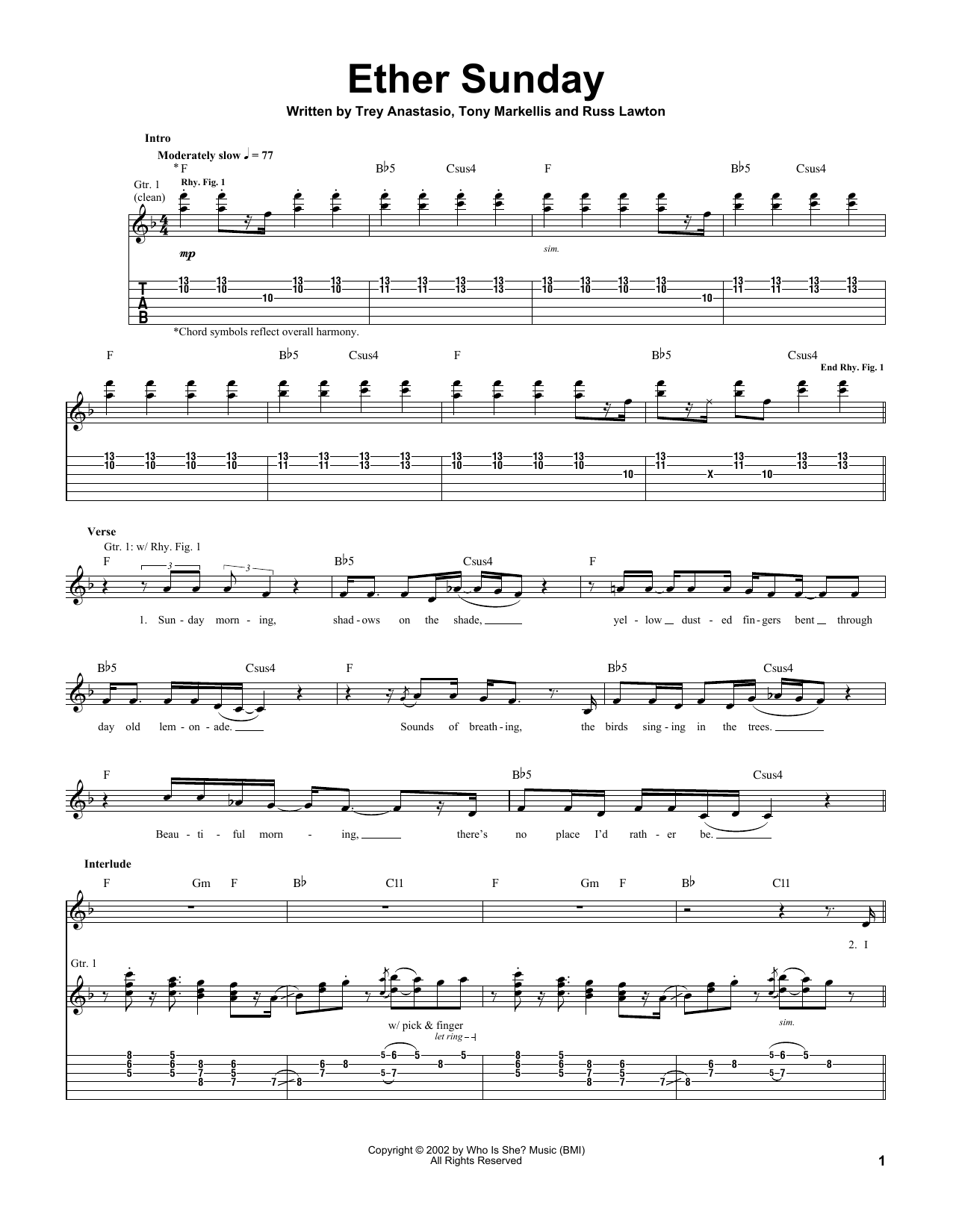 Trey Anastasio Ether Sunday sheet music notes and chords. Download Printable PDF.