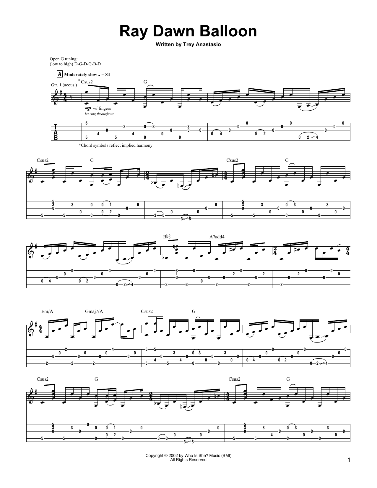 Trey Anastasio Ray Dawn Balloon sheet music notes and chords. Download Printable PDF.