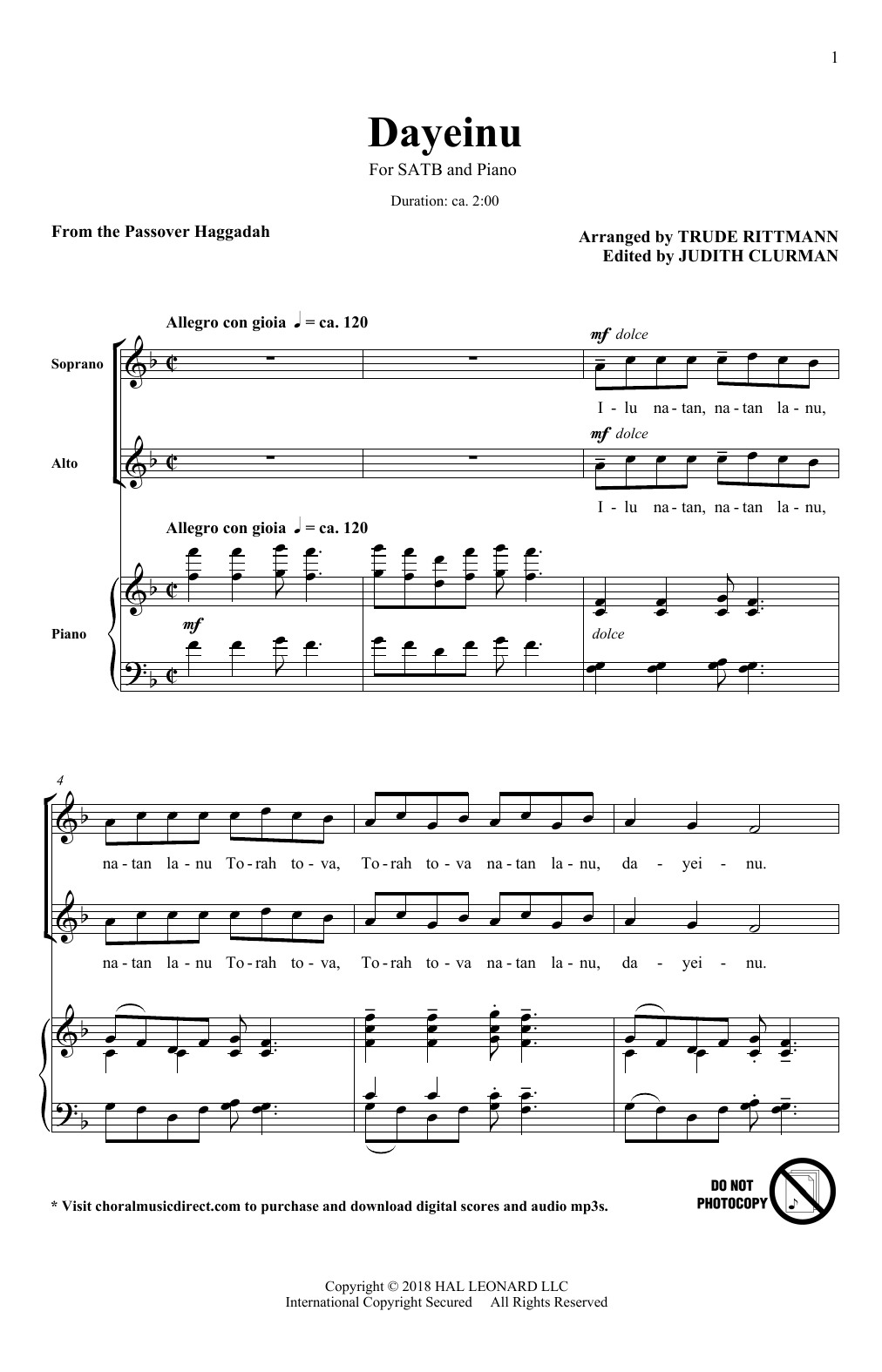 Trude Rittmann Dayeinu sheet music notes and chords. Download Printable PDF.