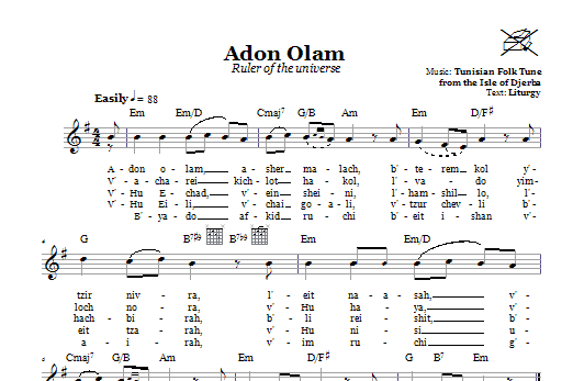 Learn to play Tunisian Folk Tune Adon Olam (Ruler Of The Universe) sheet music for Lead Sheet / Fake Book in minutes. Price: 5.9900$ Tunisian Folk Tune Adon Olam (Ruler Of The Universe) sheet music notes and chords arranged for Lead Sheet / Fake Book