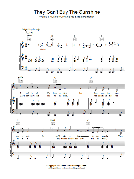 Learn to play Turin Brakes They Can't Buy The Sunshine sheet music for Piano, Vocal & Guitar in minutes. Turin Brakes They Can't Buy The Sunshine sheet music notes and chords. Download Printable PDF.