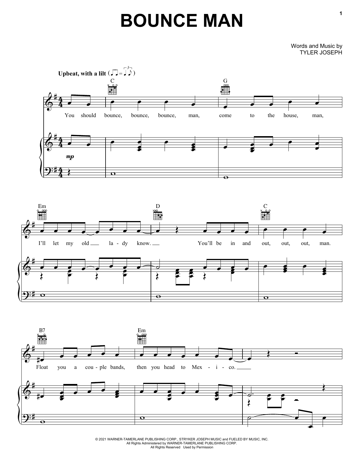 Twenty One Pilots Bounce Man sheet music notes and chords. Download Printable PDF.