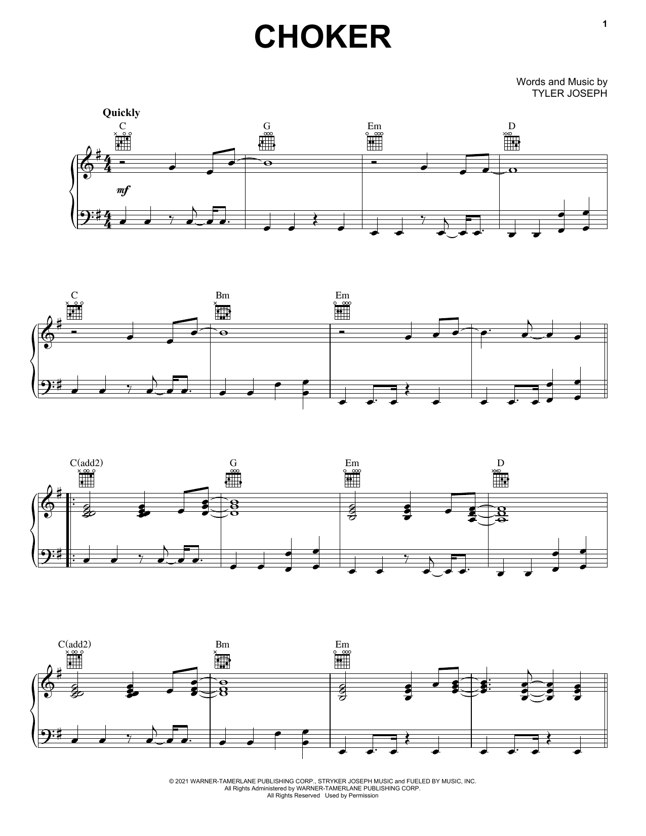 Twenty One Pilots Choker sheet music notes and chords. Download Printable PDF.