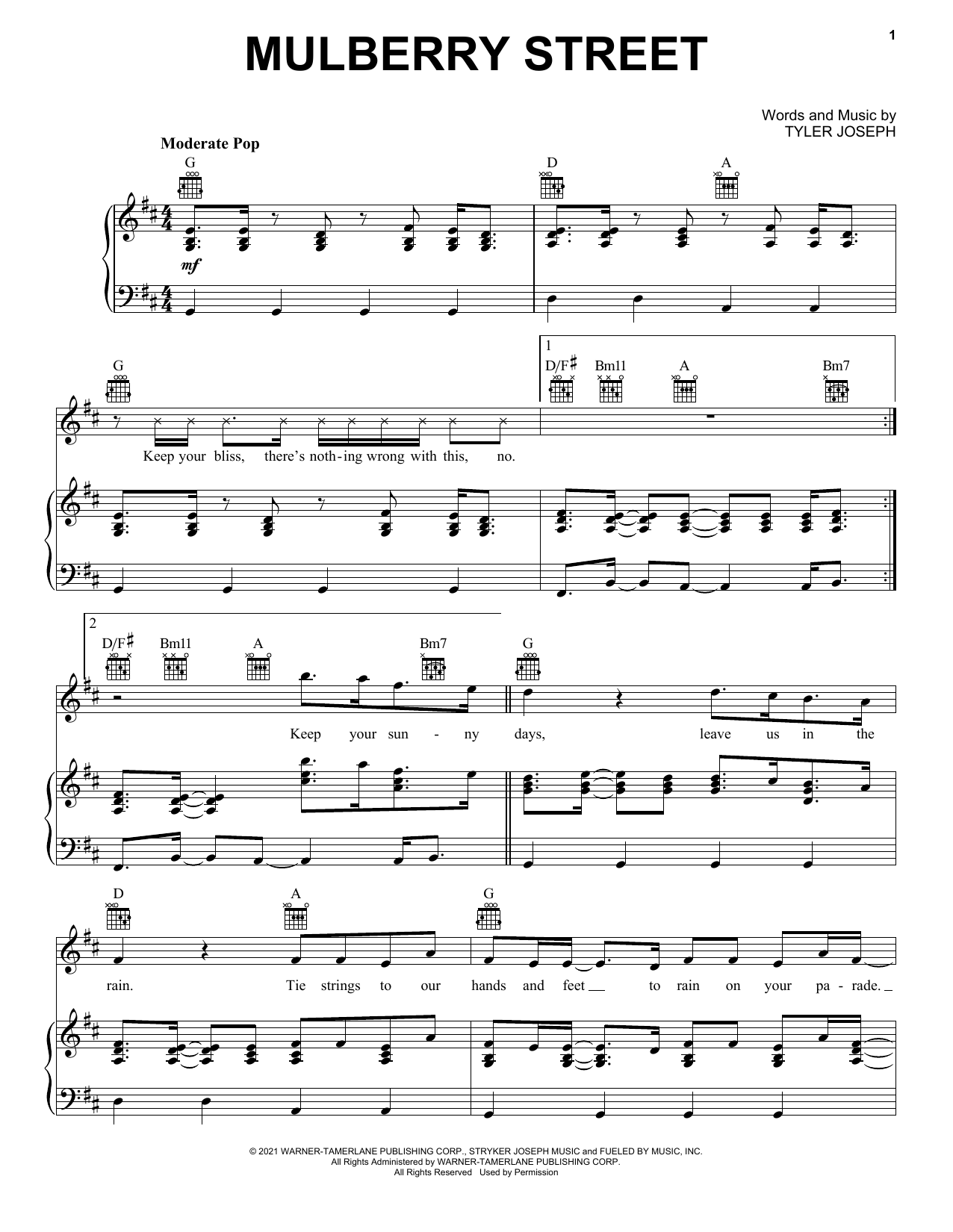 Twenty One Pilots Mulberry Street sheet music notes and chords. Download Printable PDF.