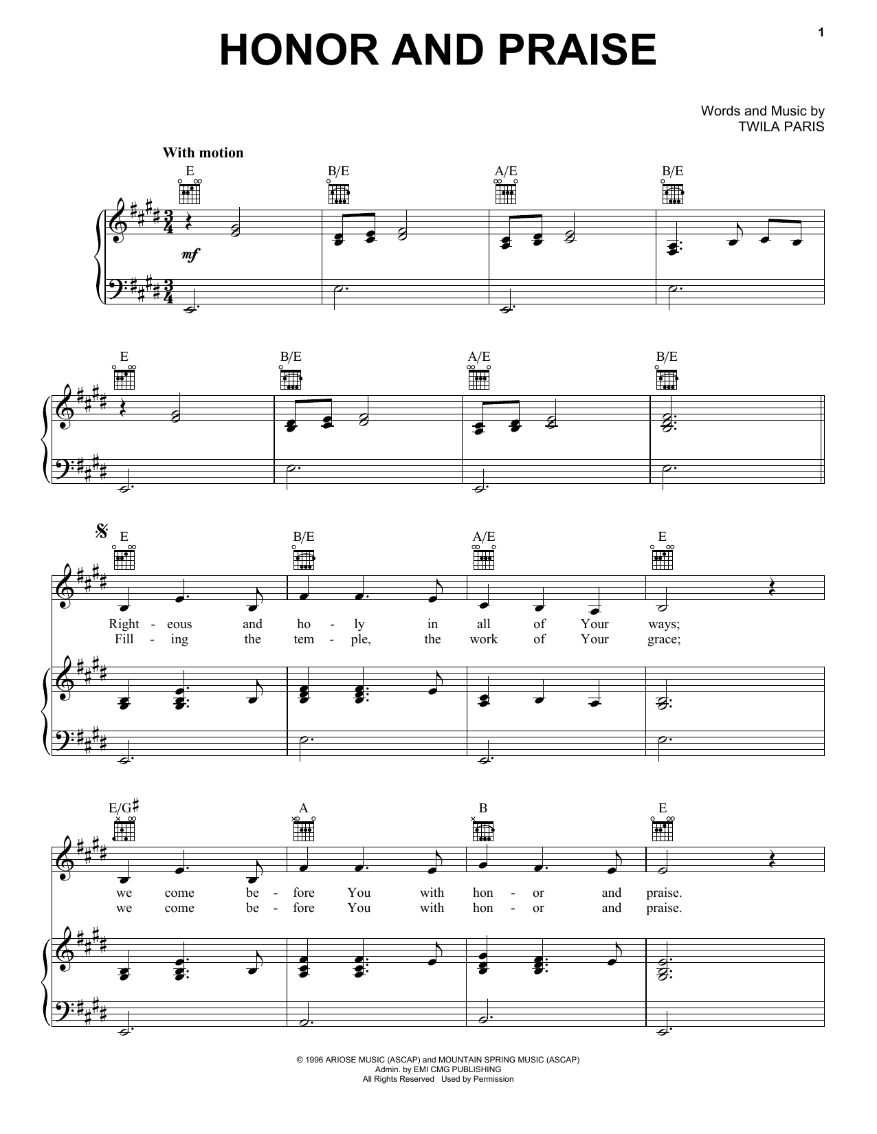 Twila Paris Honor And Praise sheet music notes and chords. Download Printable PDF.