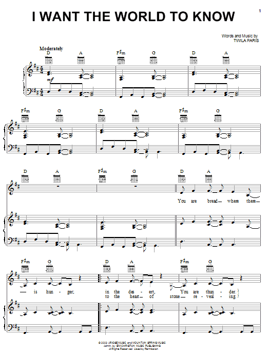 Learn to play Twila Paris I Want The World To Know sheet music for Piano, Vocal & Guitar (Right-Hand Melody) in minutes. Twila Paris I Want The World To Know sheet music notes and chords