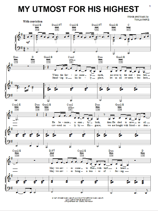 Learn to play Twila Paris My Utmost For His Highest sheet music for Piano Solo in minutes. Twila Paris My Utmost For His Highest sheet music notes and chords