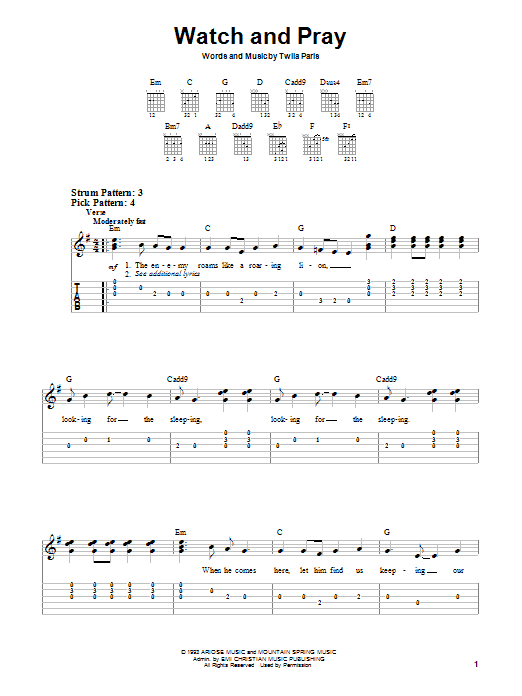 Learn to play Twila Paris Watch And Pray sheet music for Easy Guitar in minutes. Price: 4.9900$ Twila Paris Watch And Pray sheet music notes and chords. Download Printable PDF.