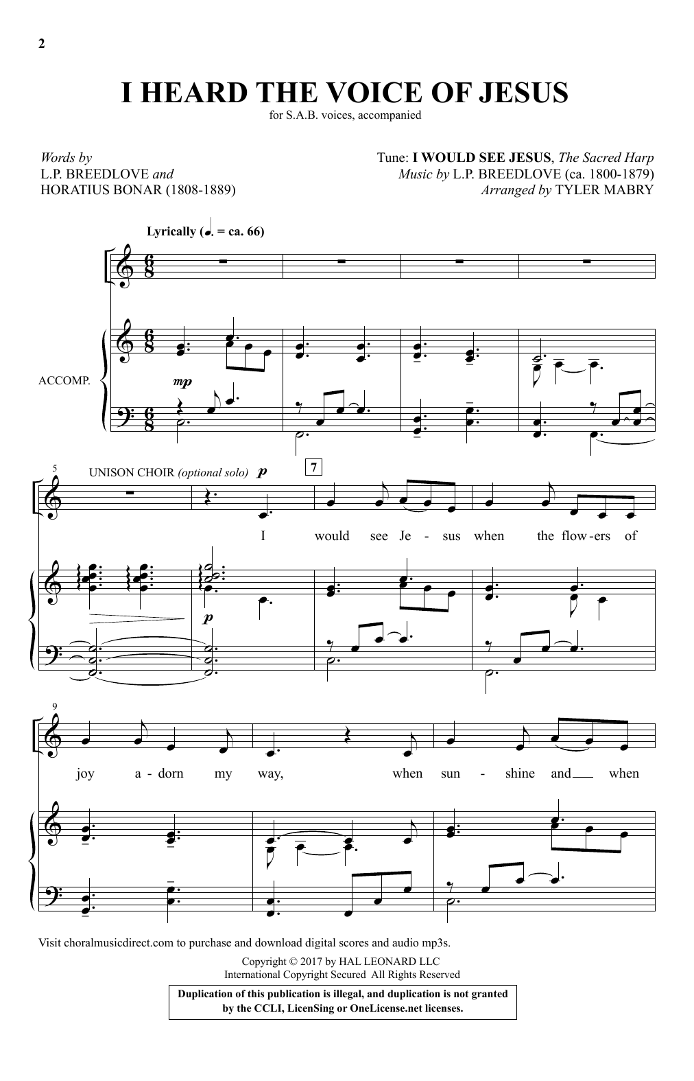 Learn to play Tyler Mabry I Heard The Voice Of Jesus sheet music for SAB Choir in minutes. Price: 3.9900$ Tyler Mabry I Heard The Voice Of Jesus sheet music notes and chords arranged for SAB Choir