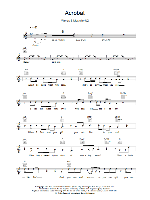 U2 Acrobat sheet music notes and chords. Download Printable PDF.
