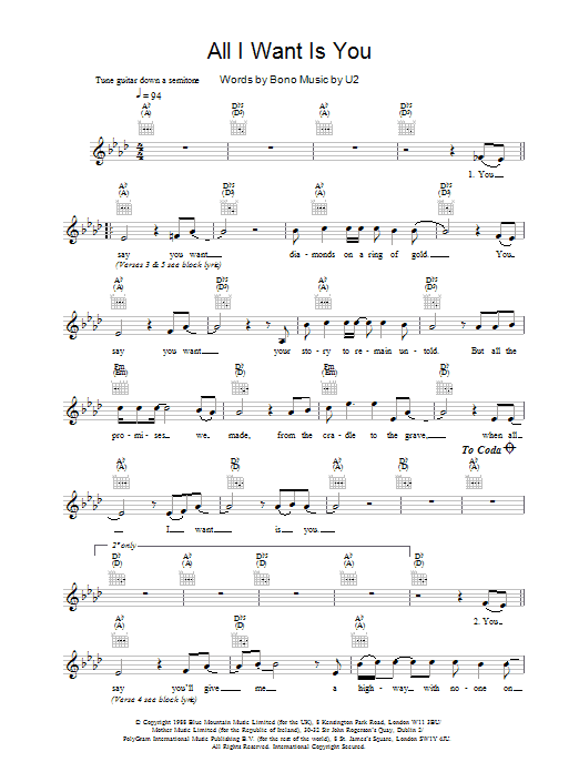 U2 All I Want Is You sheet music notes and chords. Download Printable PDF.