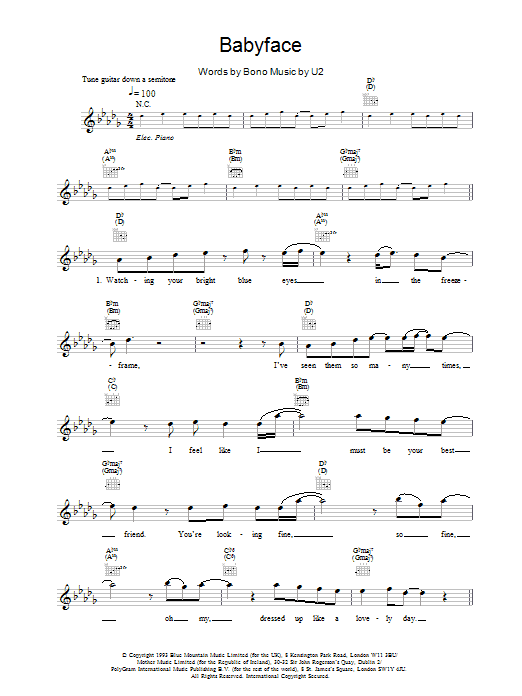 U2 Babyface sheet music notes and chords. Download Printable PDF.