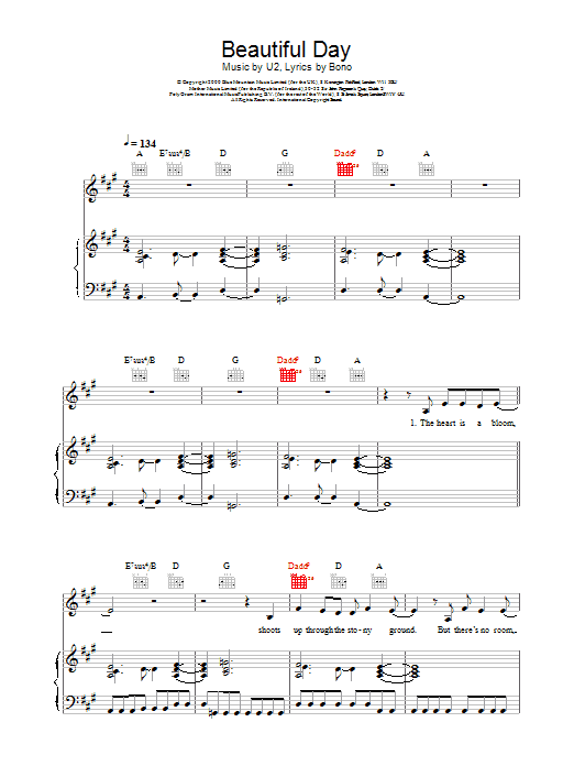 U2 Beautiful Day sheet music notes and chords. Download Printable PDF.