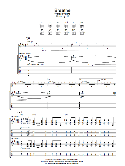 U2 Breathe sheet music notes and chords. Download Printable PDF.