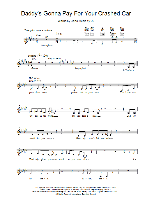 U2 Daddy's Gonna Pay For Your Crashed Car sheet music notes and chords. Download Printable PDF.