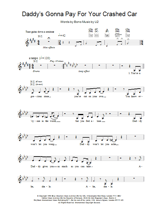 Learn to play U2 Daddy's Gonna Pay For Your Crashed Car sheet music for Lead Sheet / Fake Book in minutes. Price: 5.9900$ U2 Daddy's Gonna Pay For Your Crashed Car sheet music notes and chords arranged for Lead Sheet / Fake Book