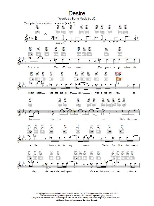 U2 Desire sheet music notes and chords - Download Printable PDF and start playing in minutes.