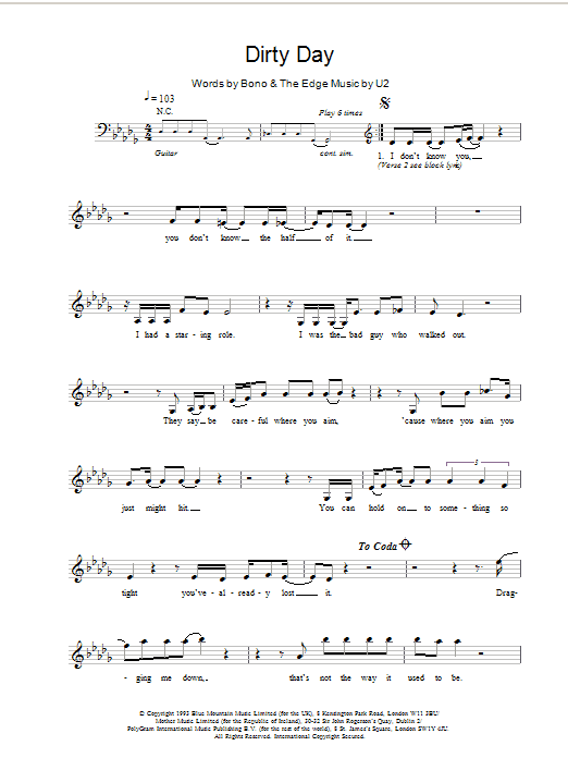 U2 Dirty Day sheet music notes and chords. Download Printable PDF.