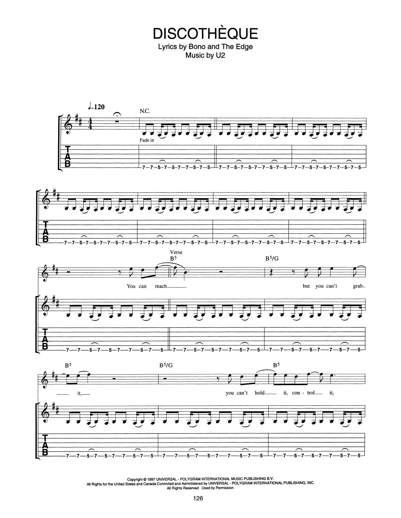 U2 Discothèque sheet music notes and chords. Download Printable PDF.