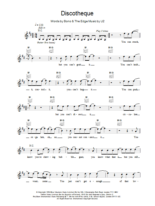 U2 Discotheque sheet music notes and chords - Download Printable PDF and start playing in minutes.