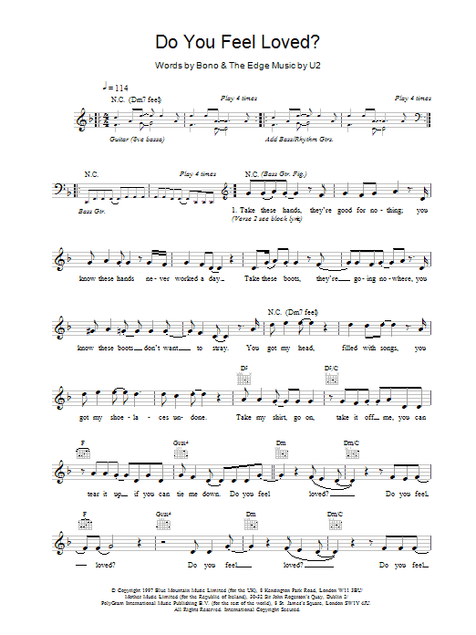 U2 Do You Feel Loved? sheet music for Lead Sheet / Fake Book in minutes. Price: 7.4900$ U2 Do You Feel Loved? sheet music notes and chords. Download Printable PDF.