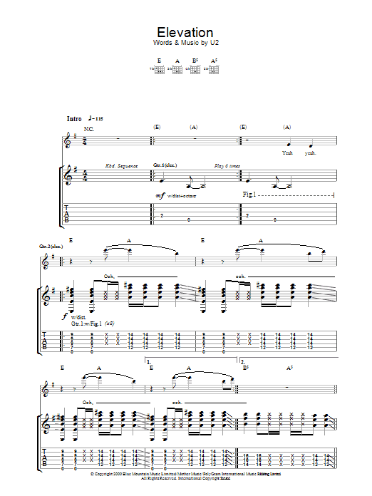 U2 Elevation sheet music notes and chords. Download Printable PDF.