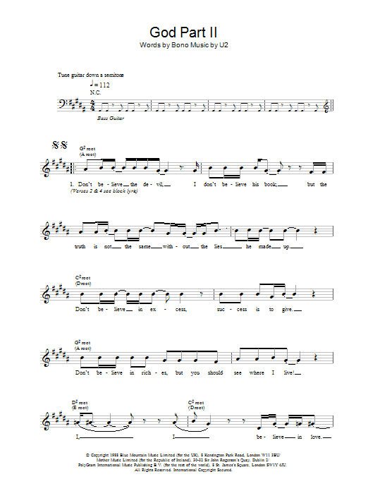 U2 God Part II sheet music notes and chords. Download Printable PDF.