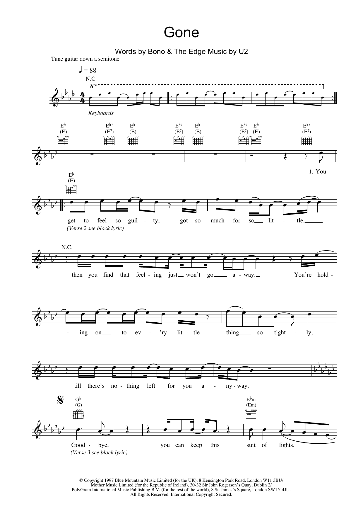 U2 Gone sheet music notes and chords. Download Printable PDF.