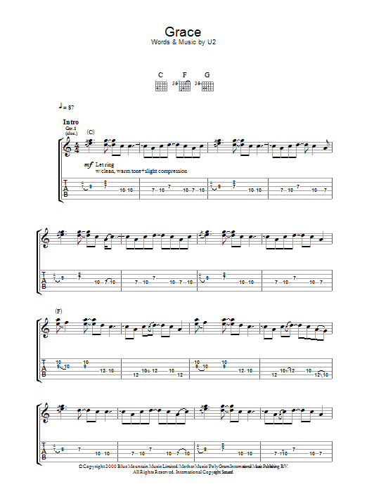 U2 Grace sheet music notes and chords. Download Printable PDF.