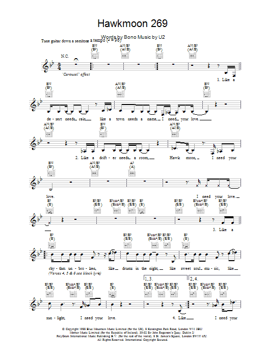 U2 Hawkmoon 269 sheet music notes and chords. Download Printable PDF.