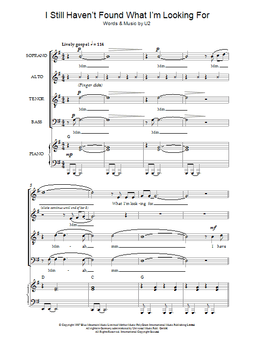 Learn to play U2 I Still Haven't Found What I'm Looking For (arr. Jeremy Birchall) sheet music for SSA Choir in minutes. Price: 3.9900$ U2 I Still Haven't Found What I'm Looking For (arr. Jeremy Birchall) sheet music notes and chords arranged for SSA Choir