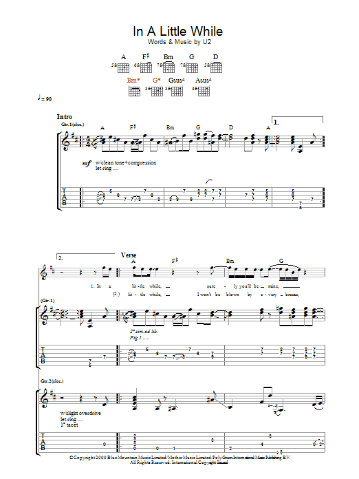 U2 In A Little While sheet music notes and chords. Download Printable PDF.