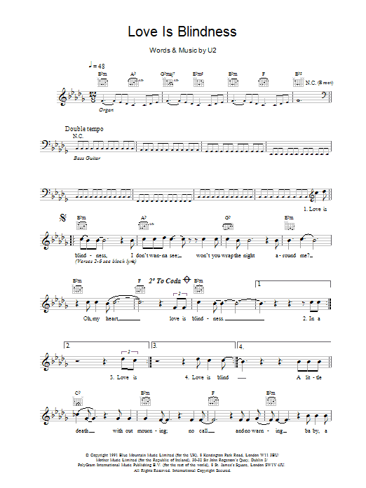 U2 Love Is Blindness sheet music notes and chords. Download Printable PDF.