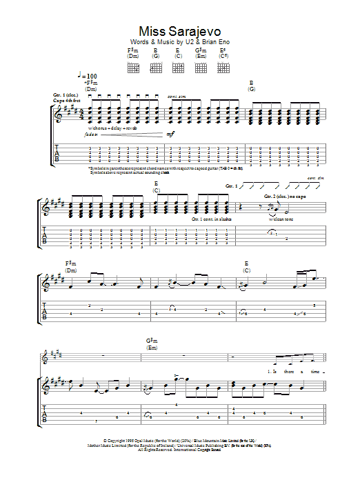 U2 Miss Sarajevo sheet music notes and chords. Download Printable PDF.