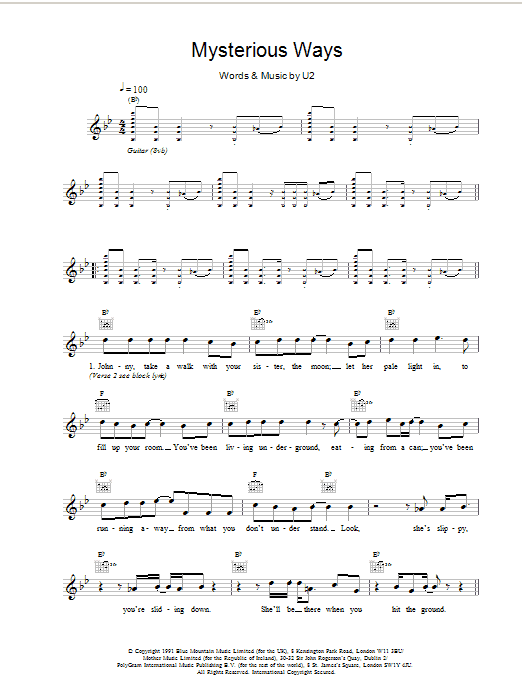 U2 Mysterious Ways sheet music notes and chords - Download Printable PDF and start playing in minutes.
