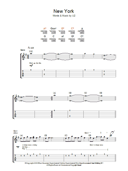 U2 New York sheet music notes and chords. Download Printable PDF.