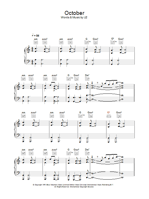U2 October sheet music notes and chords. Download Printable PDF.