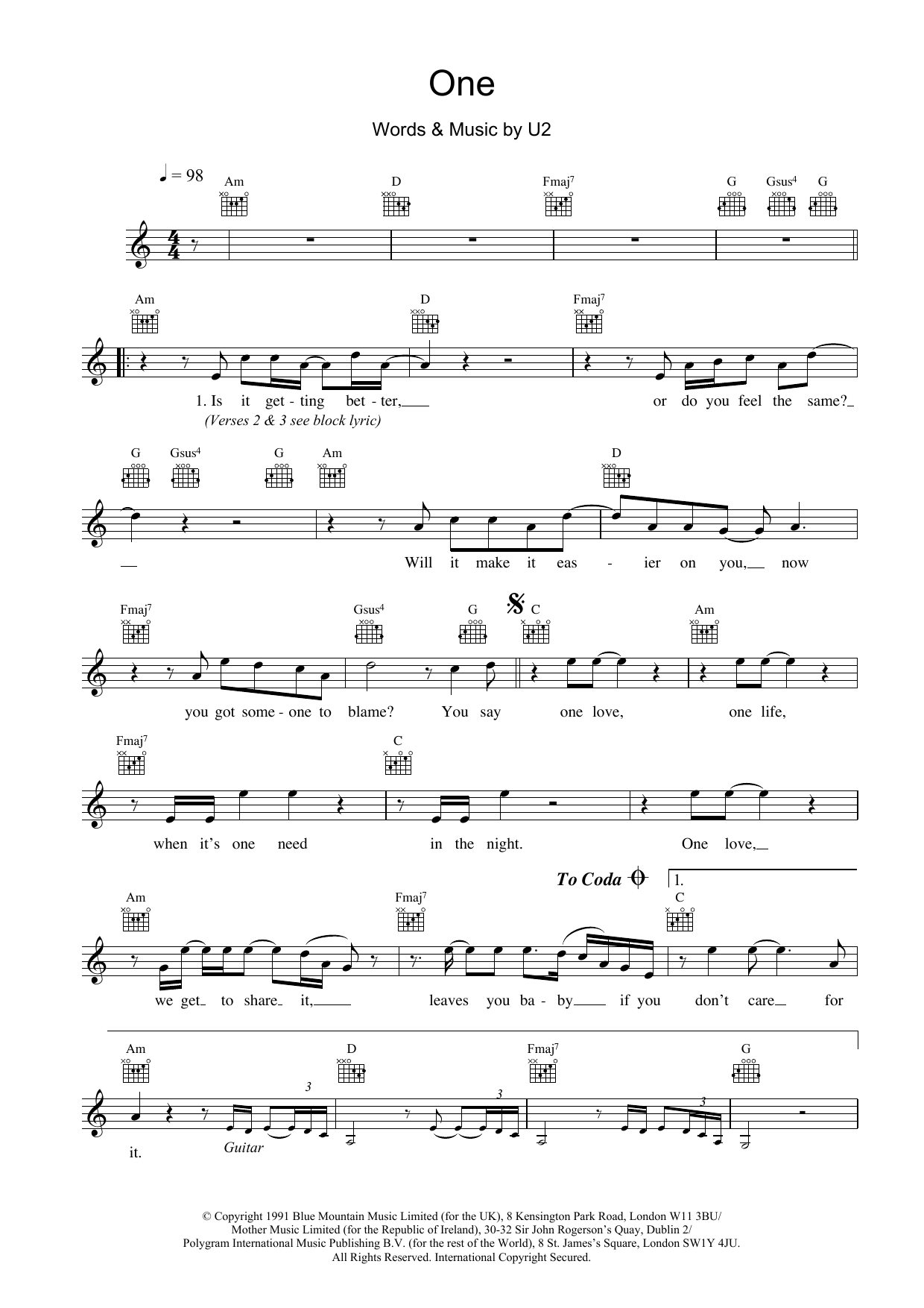 U2 One sheet music notes and chords. Download Printable PDF.