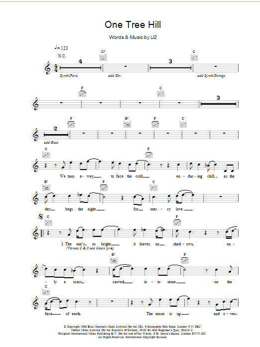 U2 One Tree Hill sheet music notes and chords. Download Printable PDF.