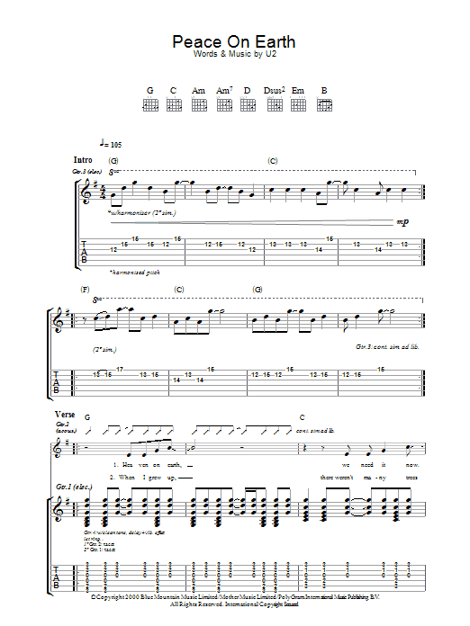 U2 Peace On Earth sheet music notes and chords. Download Printable PDF.