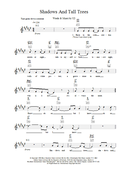 U2 Shadows And Tall Trees sheet music notes and chords. Download Printable PDF.