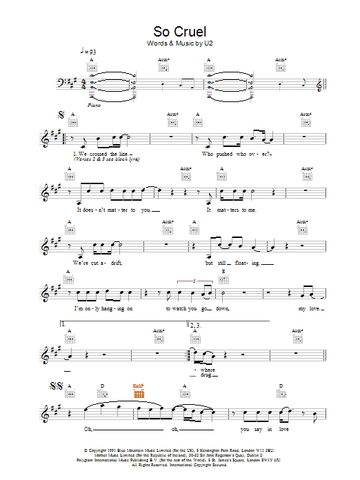 U2 So Cruel sheet music notes and chords. Download Printable PDF.