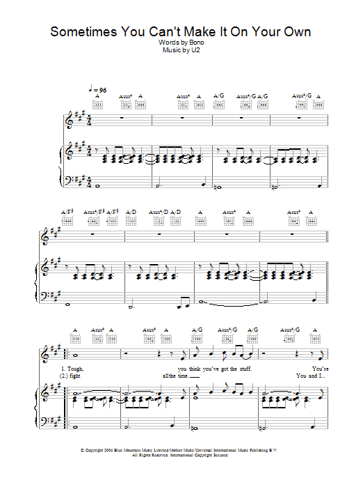 U2 Sometimes You Can't Make It On Your Own sheet music notes and chords. Download Printable PDF.