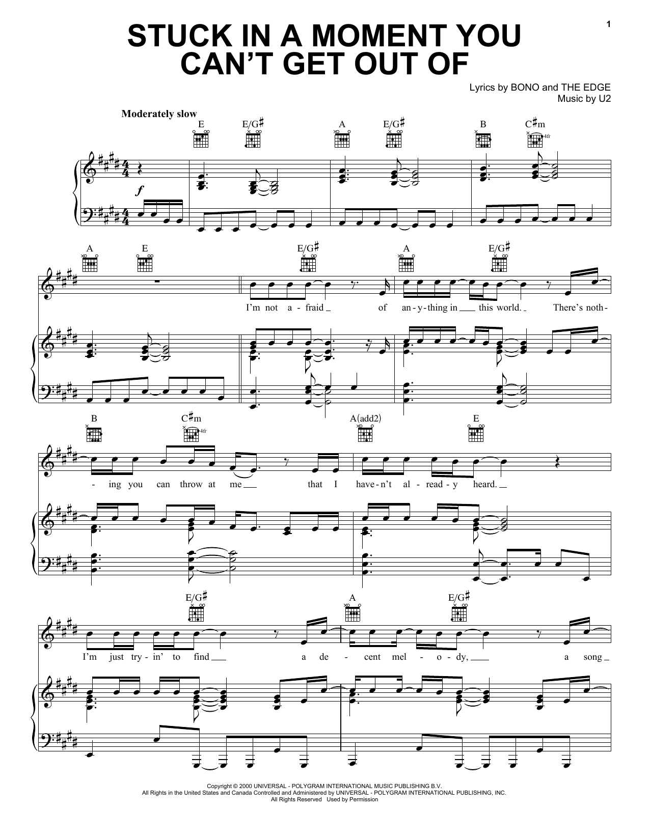 U2 Stuck In A Moment You Can't Get Out Of sheet music notes and chords. Download Printable PDF.
