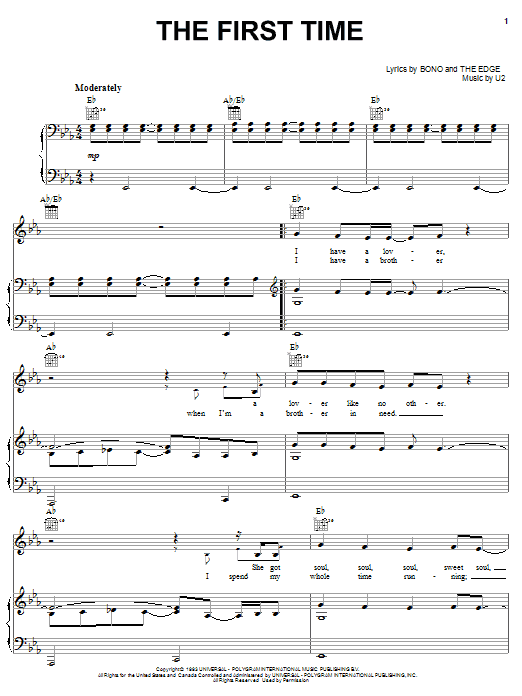 U2 The First Time sheet music notes and chords. Download Printable PDF.