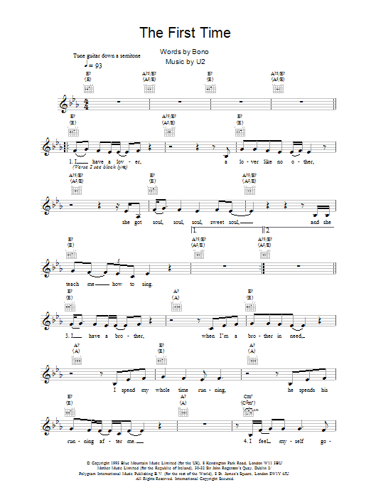 U2 The First Time sheet music notes and chords. Download Printable PDF.