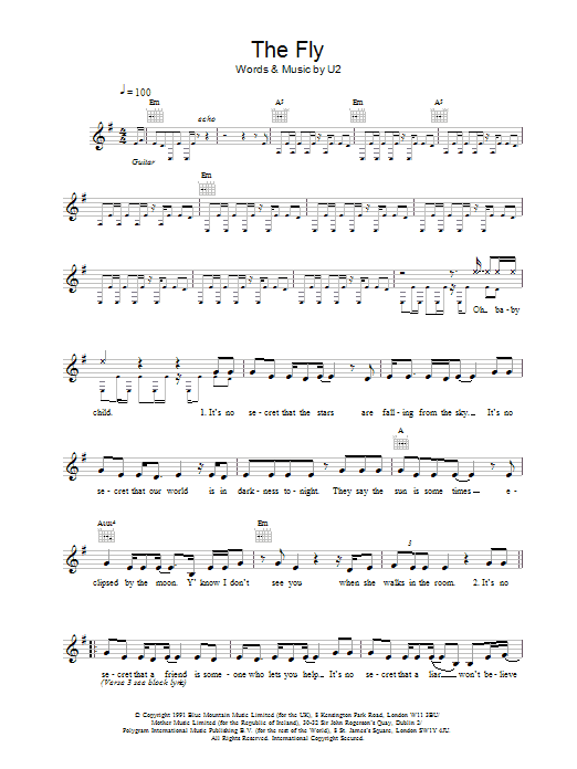 U2 The Fly sheet music notes and chords. Download Printable PDF.