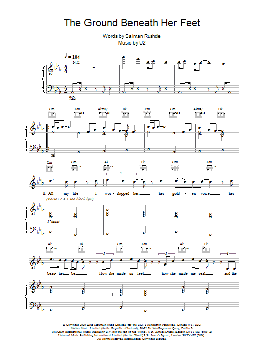 U2 The Ground Beneath Her Feet (from The Million Dollar Hotel) sheet music notes and chords. Download Printable PDF.